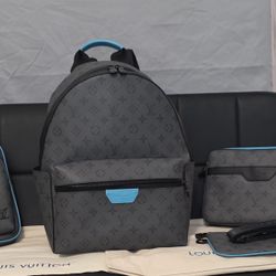 Louis Vuitton Monogram Eclipse Backpack & Accessories Set with Blue Trim