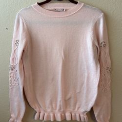 Nanette Lepore SIZE SM Embellished Beaded Ruffled Blush Pink Crew Neck Sweater