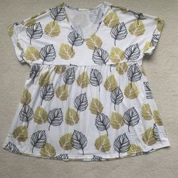 Tunic Tee T Shirt Babydoll Peplum Short Sleeve V Neck Gold Black Leaf White Maternity Size Sz Women’s 2XL 18 NWT