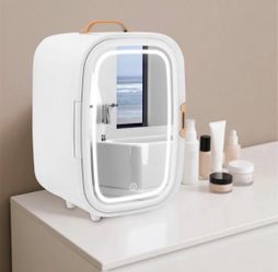 Mother’s Day’s Gift Mini Fridge, 6L Skincare Fridge with Mirror and LED Lighting Portable Cooler Small Refrigerator for Bedroom, Beauty, Makeup, Skin 