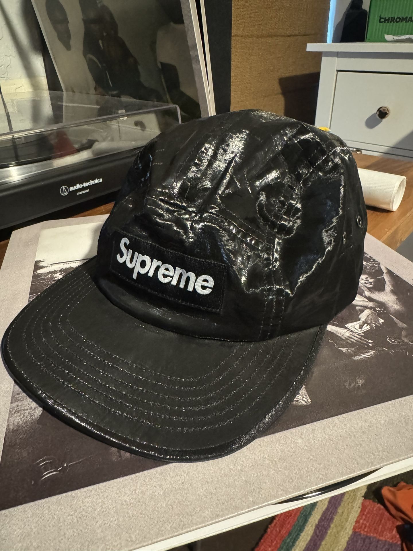 SS18 Supreme Coated Linen Camp Cap Hat Black Box Logo Made in USA