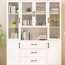White 63 in. W x 15.7 in. D x 78.7 in. H Wood Storage Cabinet with Adjustable Shelves, Glass Doors