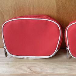 Lot Of 2 Lancome Red/Beige Wrap Around Zip Cosmetic Travel Makeup Bag Pouches