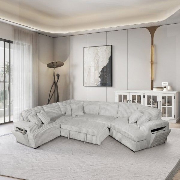 RIGHT HAND FACING Cuddler Corduroy Fabric Upholstered HALF U-Shaped Sectional Sofa with Pull Out Bed and Armrest Storage w/ Cup Holder + USB and 6 Thr