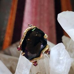 Smoky Quartz And Garnet Sterling Silver With 14k Gold Trim Size 8