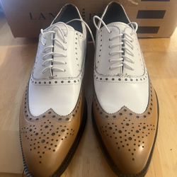 Handmade White/Tan Wingtip Oxford Lace Up Shoes 