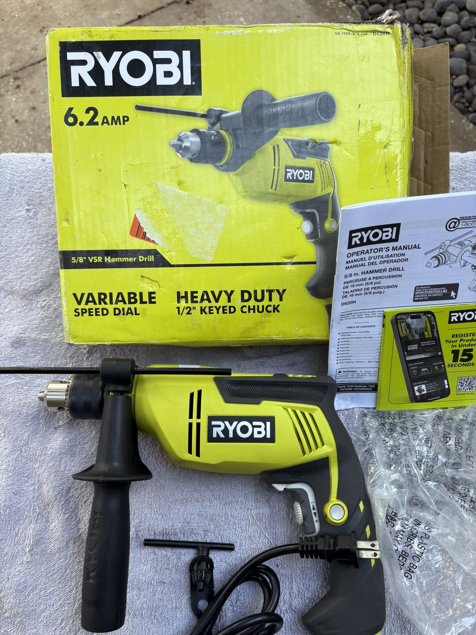 NEW RYOBI 6.2 Amp Corded 5/8” Vari Speed Hammer Drill Kit-D62OH-Chuck Key, Depth Gauge, Handle, 6 ft. Cord