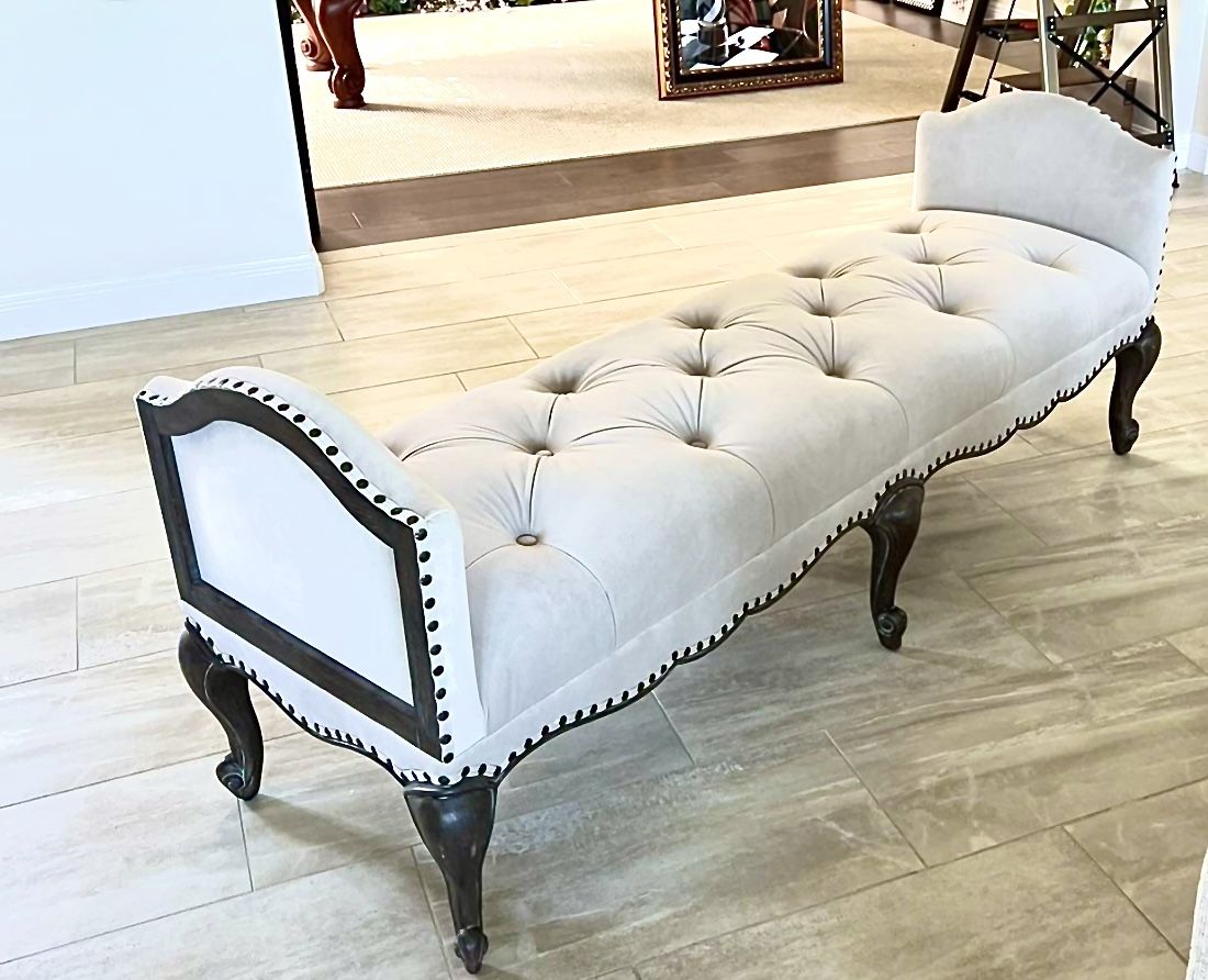 Bench ~ Light Gray Velvet Sitting Bench, Extra Long W/ Nailhead Trim, Tufted Seat On Wooden Frame