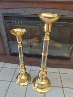 Vintage Heavy Brass and Silver 2 Tone Tall Candle Stand Holders