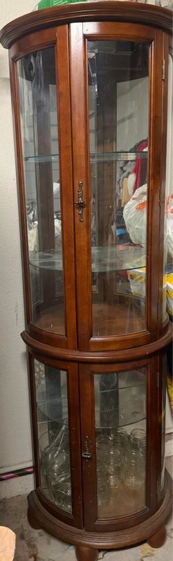 Wood Curio Display Cabinet with Glass Shelves & Curved Glass Doors