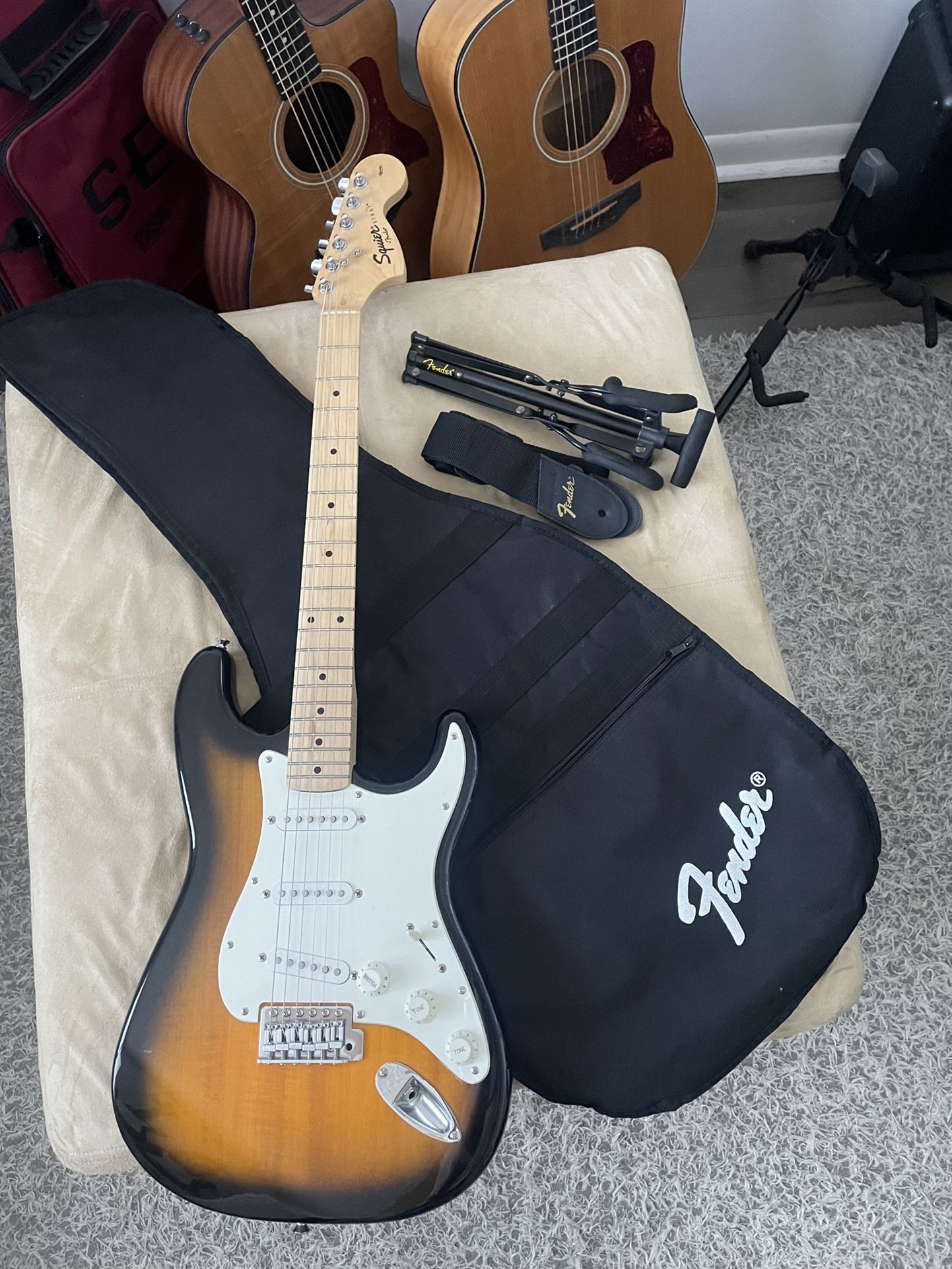 Fender Squire Strat Sunburst New Strings Setup Ready To Play With Gig Bag Stand Strap