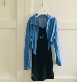 Girls’ Black Butterfly Dress with Blue Cropped Jacket – Age 9