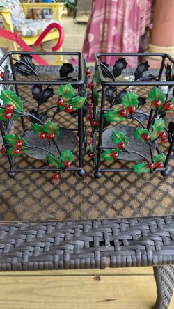 2 Metal Holly Christmas Pillar Candle Holders