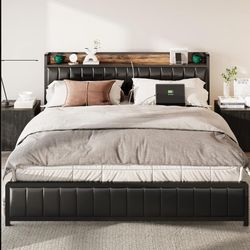 New in box ANCTOR King Bed Frame with Storage Headboard and Footboard, Upholstered Platform Bed with USB Ports and Outlets, Strong Steel Slats Support