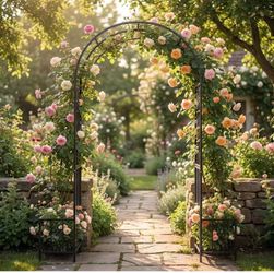 Steel Garden Arch with Plant Basket, 6'9" High x 3'9" Wide, Garden Arbor for Various Climbing Plant, Outdoor Garden Lawn Backyard