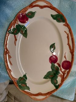 Ceramic Oval Serving Platter with Apple Design Vintage