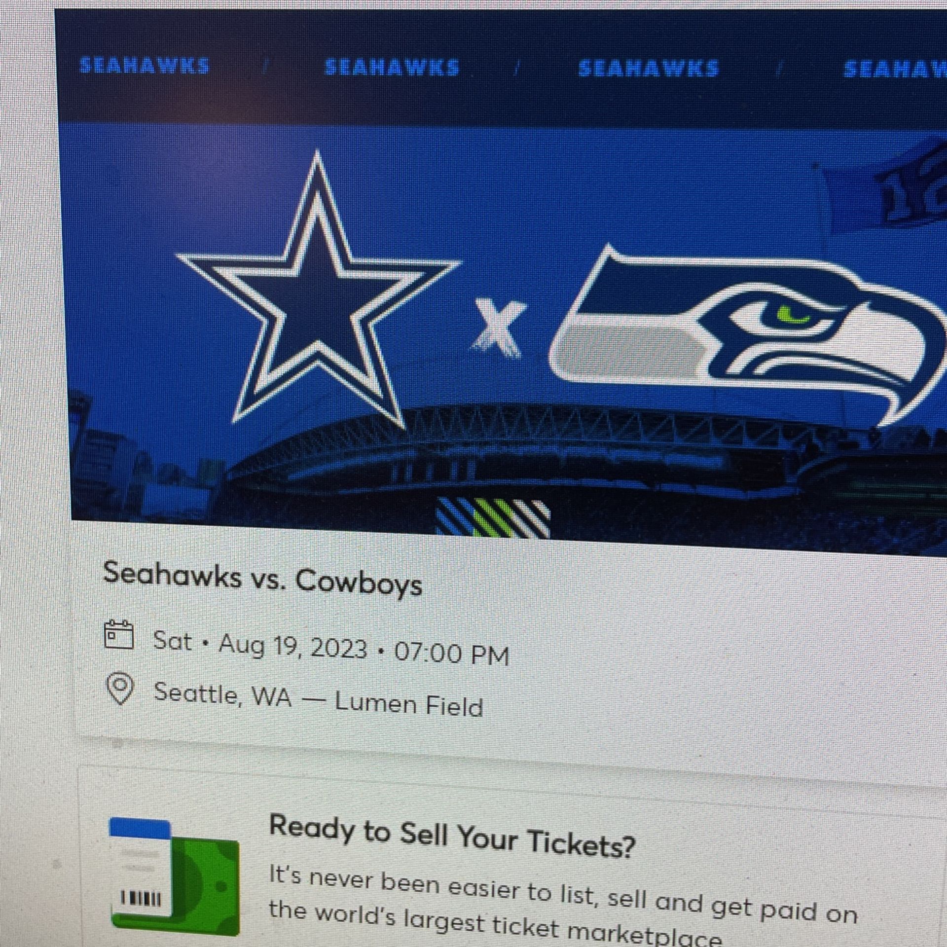 Seattle Seahawks Vs Dallas Cowboys (2 Tickets)