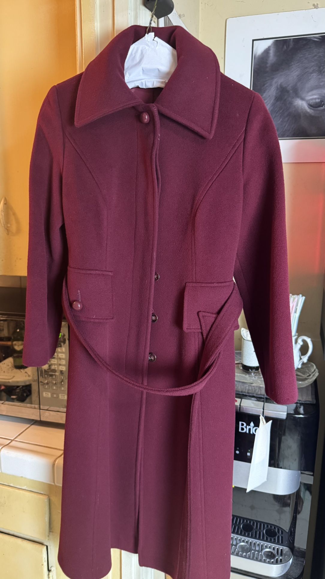 Burgundy Wool Blend Belted Trench Coat 1970s