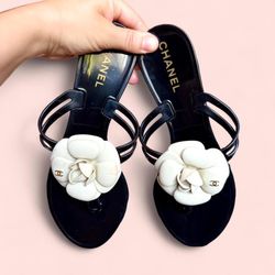 🖤 Y2K Chanel Camellia Thong Sandals Black White Cream EUR 37 (Fits size 6.5 - 7)