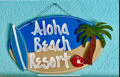 Lot of 4 Surfboard shaped Hawaiian Wood Wall Signs with wire for hanging