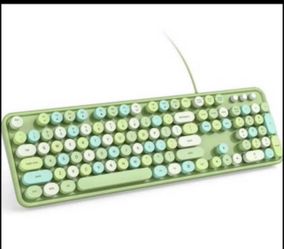 New Wired Computer Keyboard - Blue Colorful Retro Full Size Round Keycaps Plug and Play Typewriter Cute Keyboards for Windows, Laptop, PC, Desktop, Co