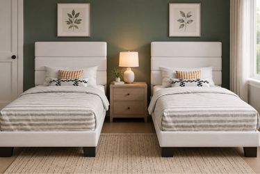 Set of 2pcs Twin Platform Bed Frame with Upholstered Velvet Headboard, White Upholstered Bed Frame with Headboard/Mattress Foundation with Strong Wood