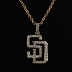 Gold Rope Chain + San Diego SD Padres Iced Pendant 