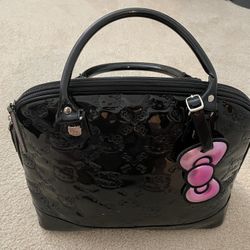 Loungefly Hello Kitty Purse Black Embossed Bowler Bag Tote Sanrio Patent Leather