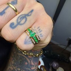 Amazing 🤩!!! Natural Emerald And Diamond Ring Set In Solid 14k Gold !!