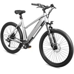 Schwinn Marshall Electric Hybrid Bike for Adults, Small/ Medium Step-Thru Aluminum Frame, 250W Motor, 7 Speed, 27.5-Inch Wheels, Gloss Grey