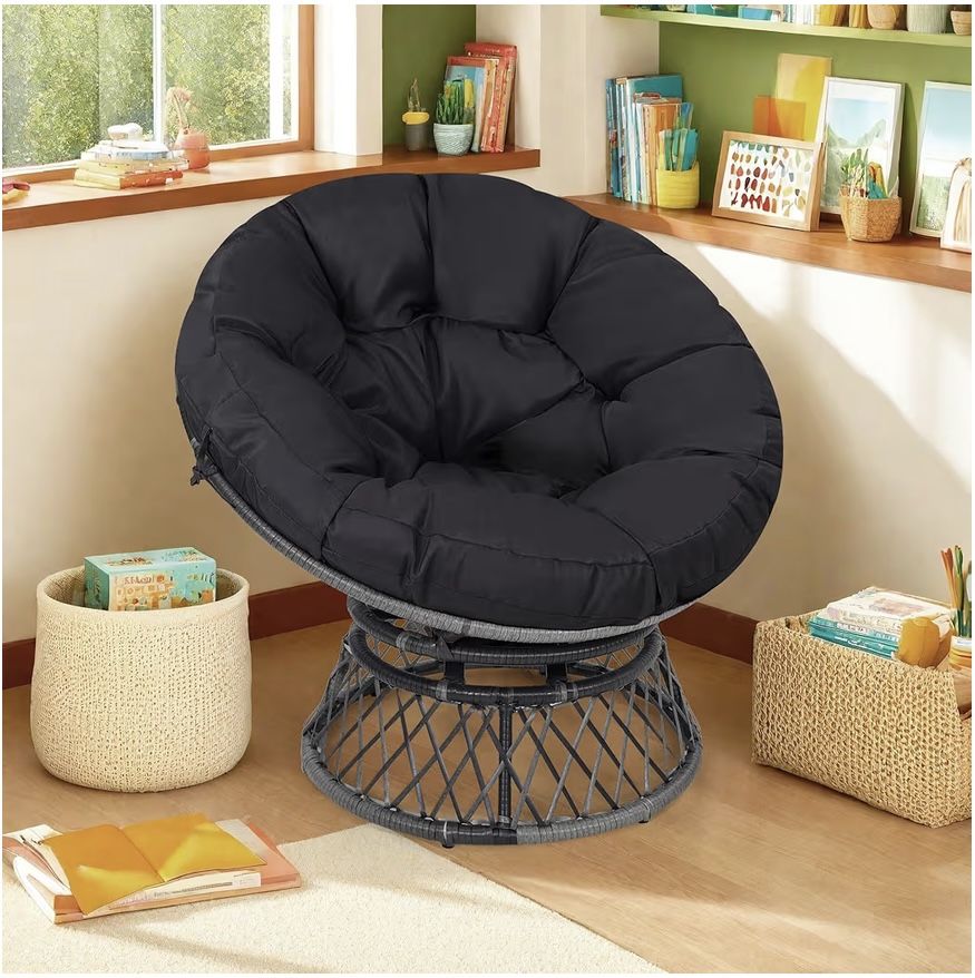 Papasan Chairs with Cushions and Frame, Wicker Rattan Reading Chair Swivel Comfortable Lounge for Indoor Outdoor Living Room Bedroom, Black-Black Base