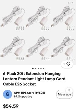 Simple Deluxe 20 Feet 360W Extension Hanging Lantern Pendant Light Lamp Cord Cable E26 Socket On/Off Switch (No Bulb Included), 6 Pack, White