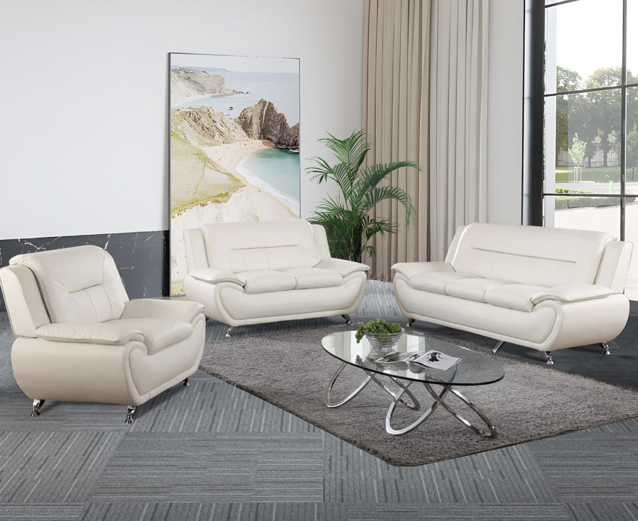 Modern Style White Leather Three Piece Couch Set