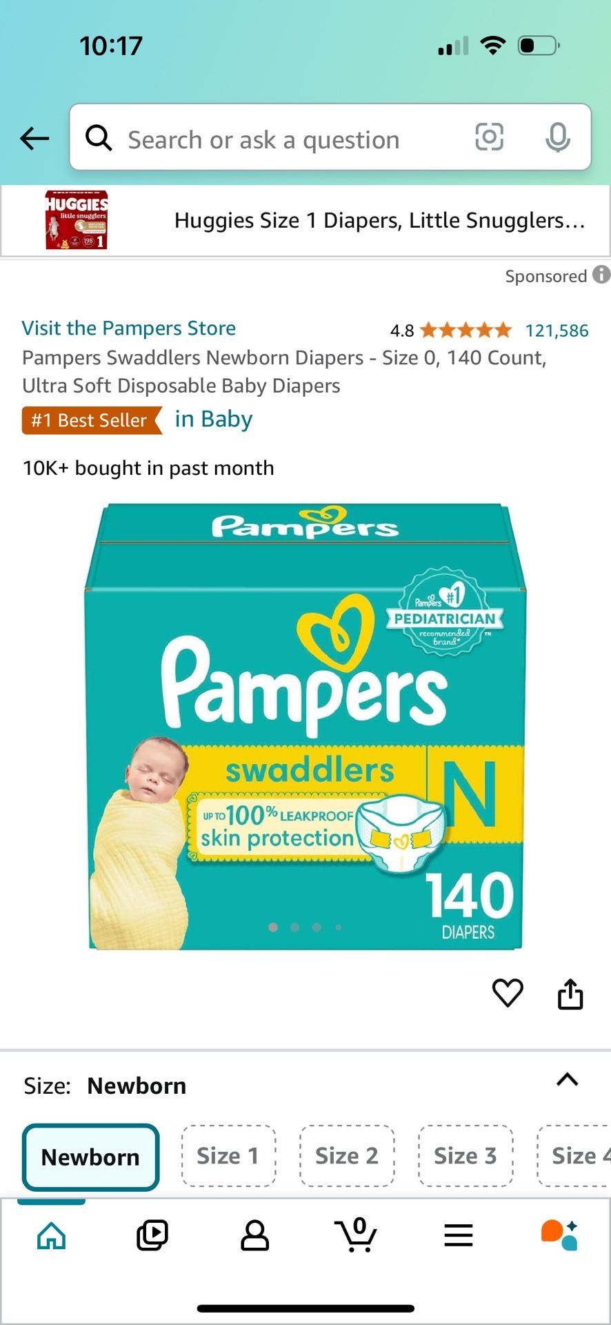 Pampers “Swaddlers” Size “N”