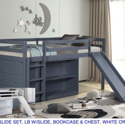 SLIDE SET LOFT BED W/ SLIDE, BOOKCASE & CHEST,