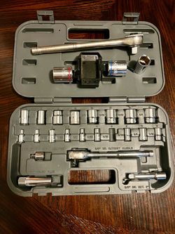 Socket and 3/8” Ratchet Tool Set with Case plus 1/2” ratchet and some 1/2” sockets