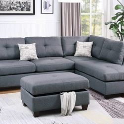 Brand New Grey Sectional Sofa With Storage Ottoman 
