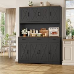 Homfa Kitchen Pantry with Hutch and Drawers, 71" Tall Storage Cabinet with 55" Wide Countertop and Built-In Power Outlet, Farmhouse Coffee Bar for Din