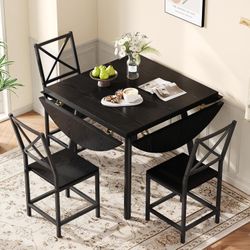 Dining Table Set for 4, Round Kitchen Table and 4 Stool Chair for Dining Room, 44.5inch Drop Leaf Desk, Small Space Saving, Black