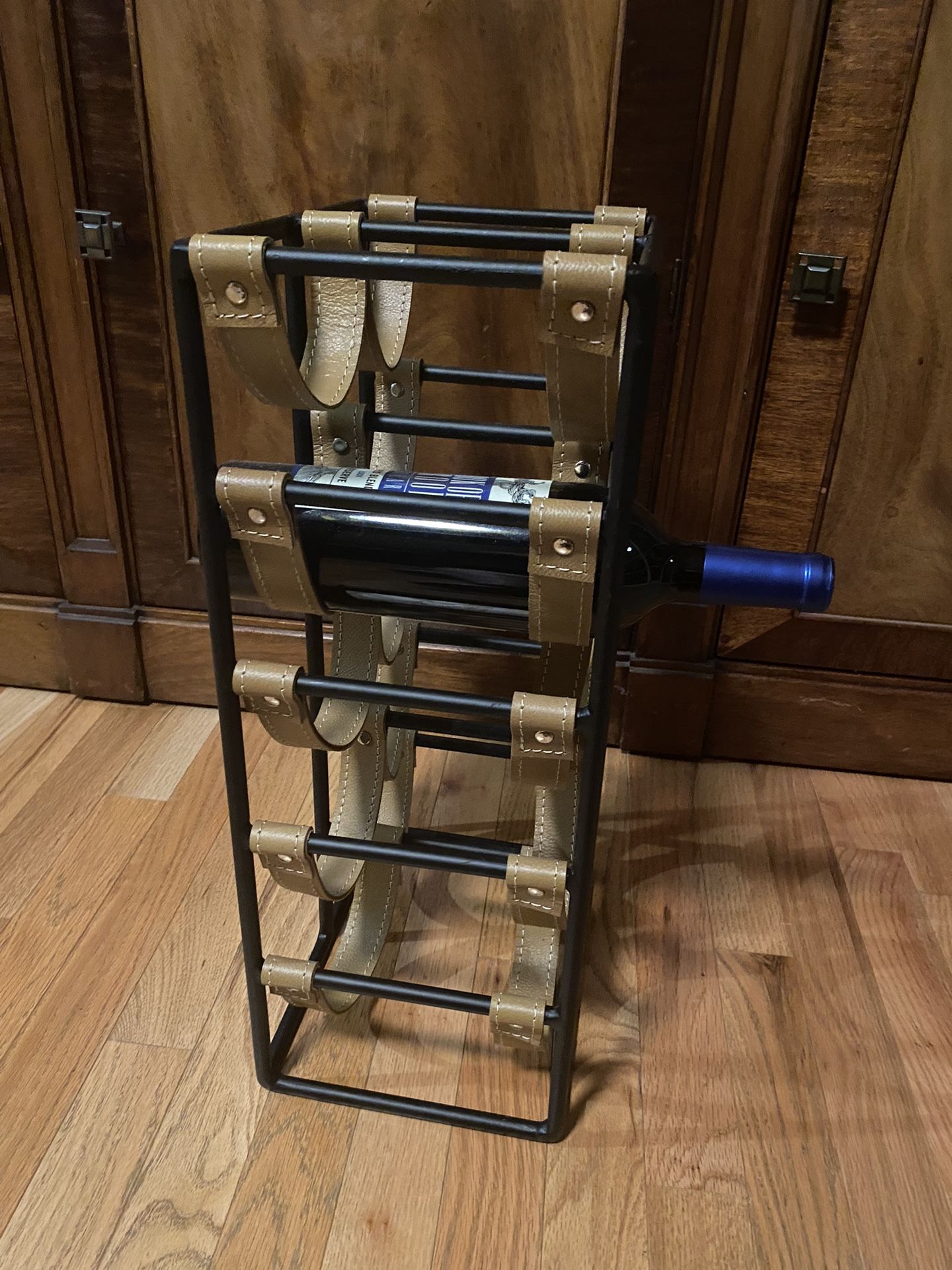 Mid Century Arthur Umanoff 1950s Iron and Leather Wine Rack