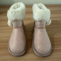Pink Glitter Girls Boots with Fluffy Cuffs and Pom Poms