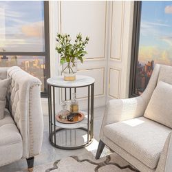New quality round two tier white marble side table or end table
