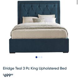 King Upholstered Bed – Teal – Good Condition