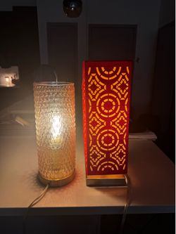 Red Geometric Cutout Square Table Lamp & Textured Glass Cylinder Table Lamp