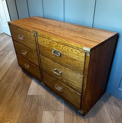 Vintage Solid Oak Campaign Style 6-Drawer Dresser | Brass Hardware