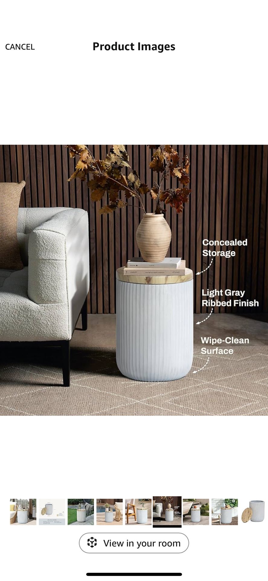 18" Side Table with Storage, Cement End Table with Wood Finish Lid, Accent Table