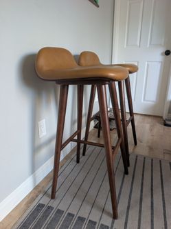 Walnut and Toscana Tan Article Bar Height Chairs