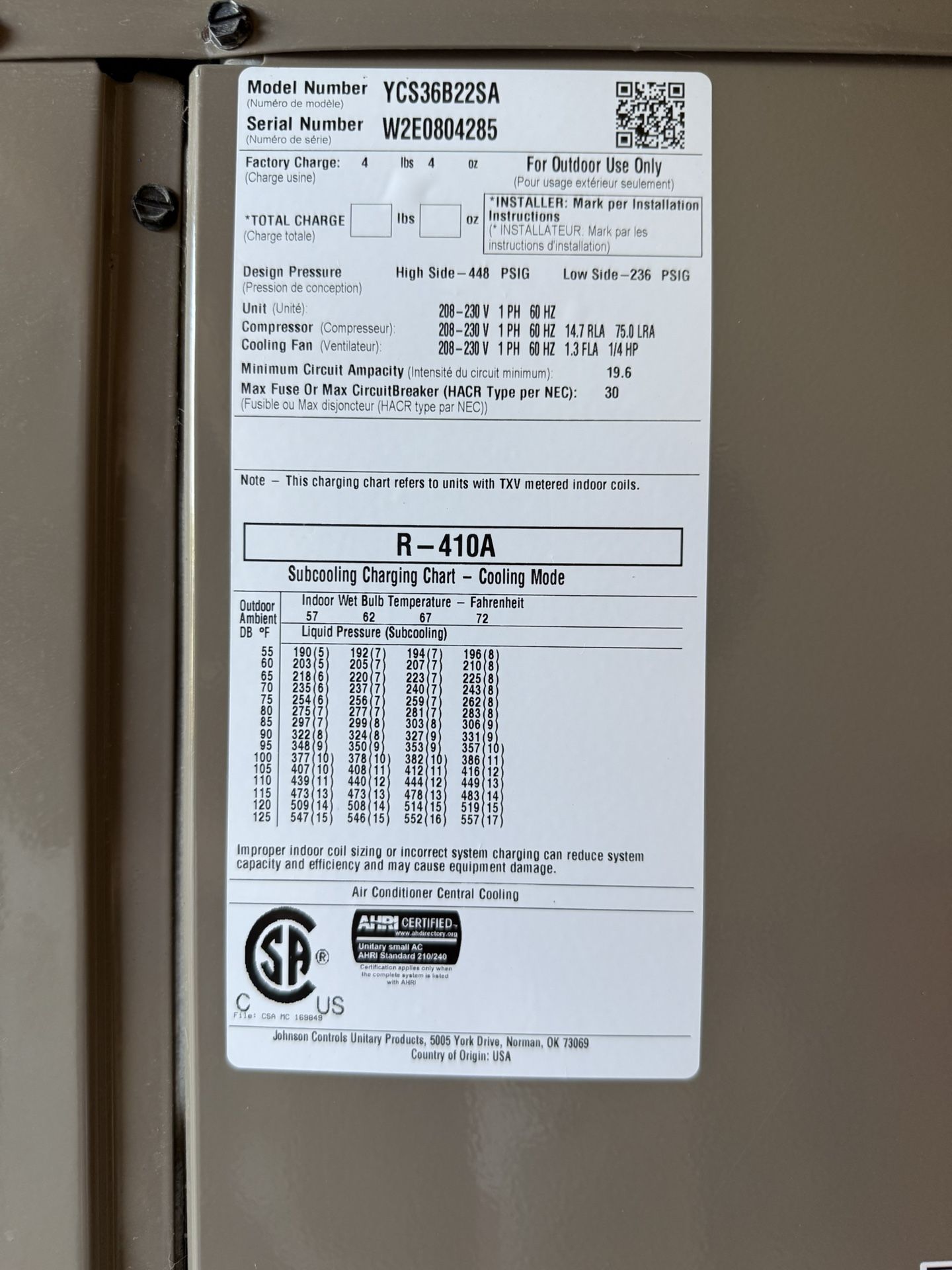 York 3-ton Air Conditioner - YCS36B22SA