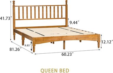 Queen Wood Bed Frame with Headboard, Solid Rubber Wood Central Supports, 1000Lb Capacity, Rustic Oak/White