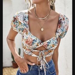 Brand New Small Frenchy Floral Print Tie Front Crop Blouse